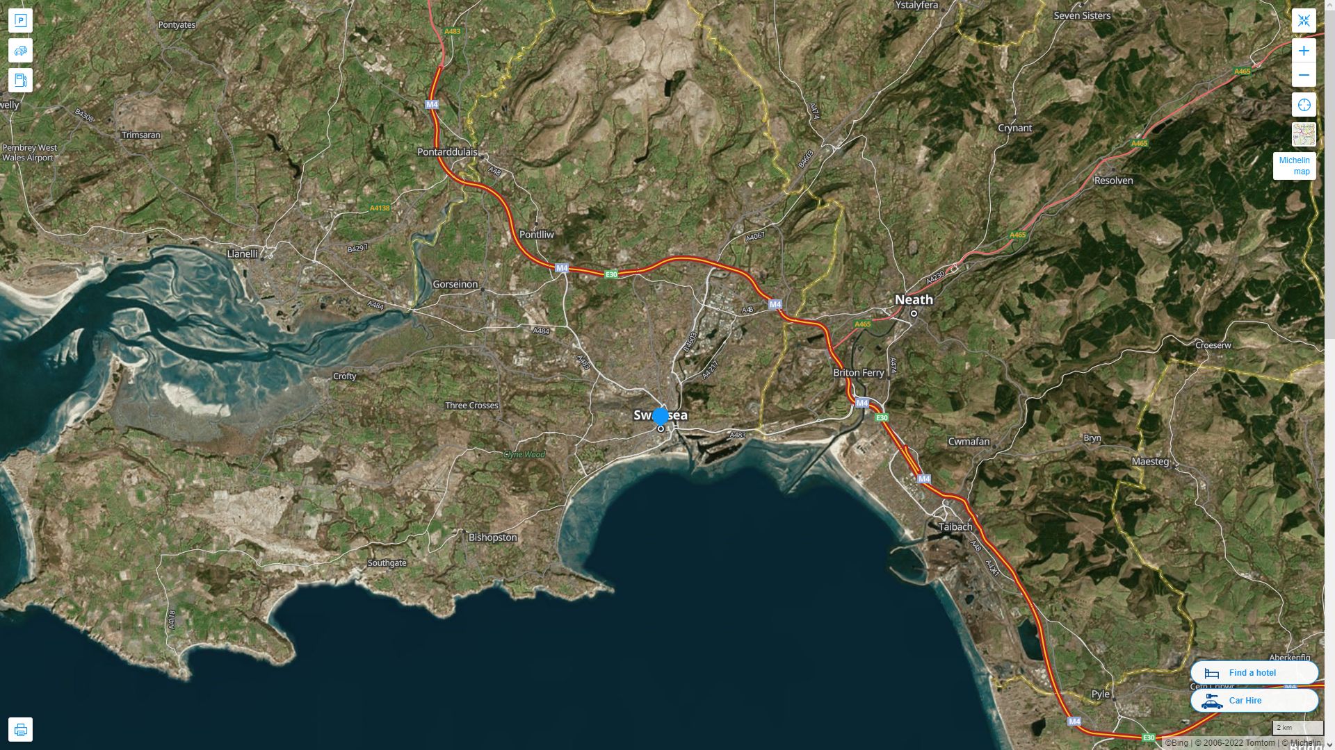 Swansea Royaume Uni Autoroute et carte routiere avec vue satellite